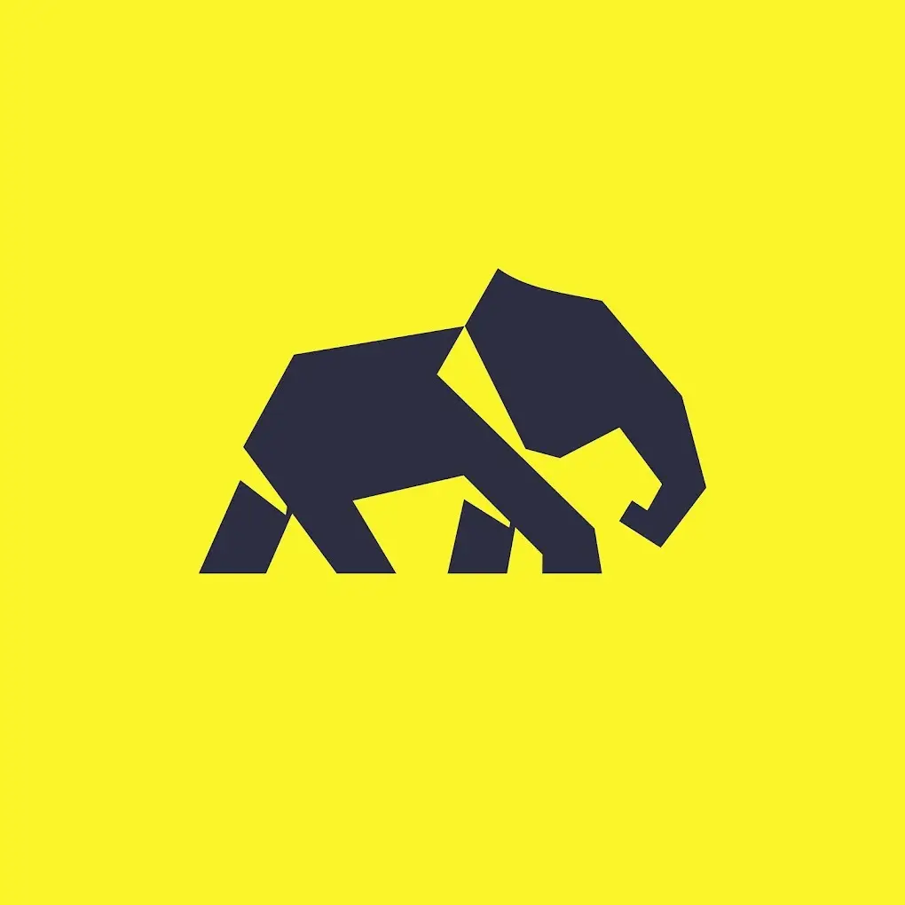 Logotipo de elefante estilizado em preto sobre fundo amarelo