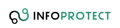 Logotipo da empresa Infoprotect com um desenho estilizado de pássaro verde e texto cinza e verde
