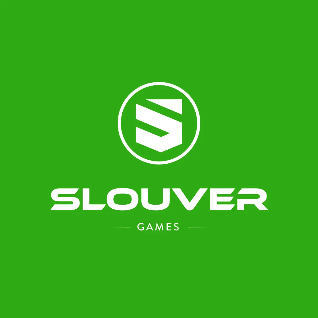 Logotipo branco da Slouver Games em fundo verde
