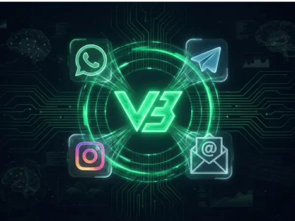 Logotipo V3 neon com símbolos de WhatsApp, Telegram, Instagram e email ao redor em fundo tecnológico escuro