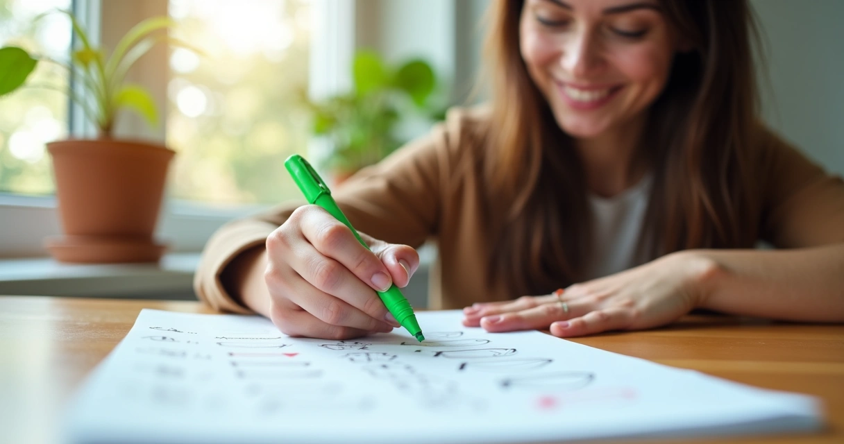 Persona marcando una tarea como hecha en una lista, sonriente con fondo claro y ordenado 