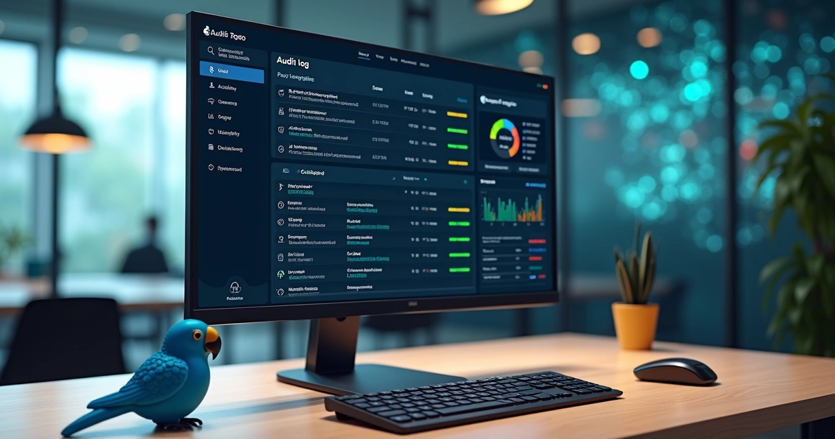 Tela de sistema no-code exibindo painel de logs de auditoria em destaque 