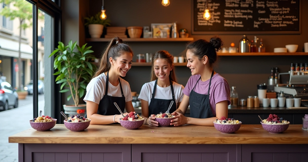 Loja pequena de açaí com três amigos trabalhando juntos 
