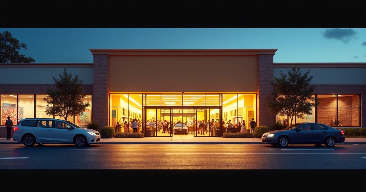 Fachada iluminada de loja de varejo dos EUA à noite 