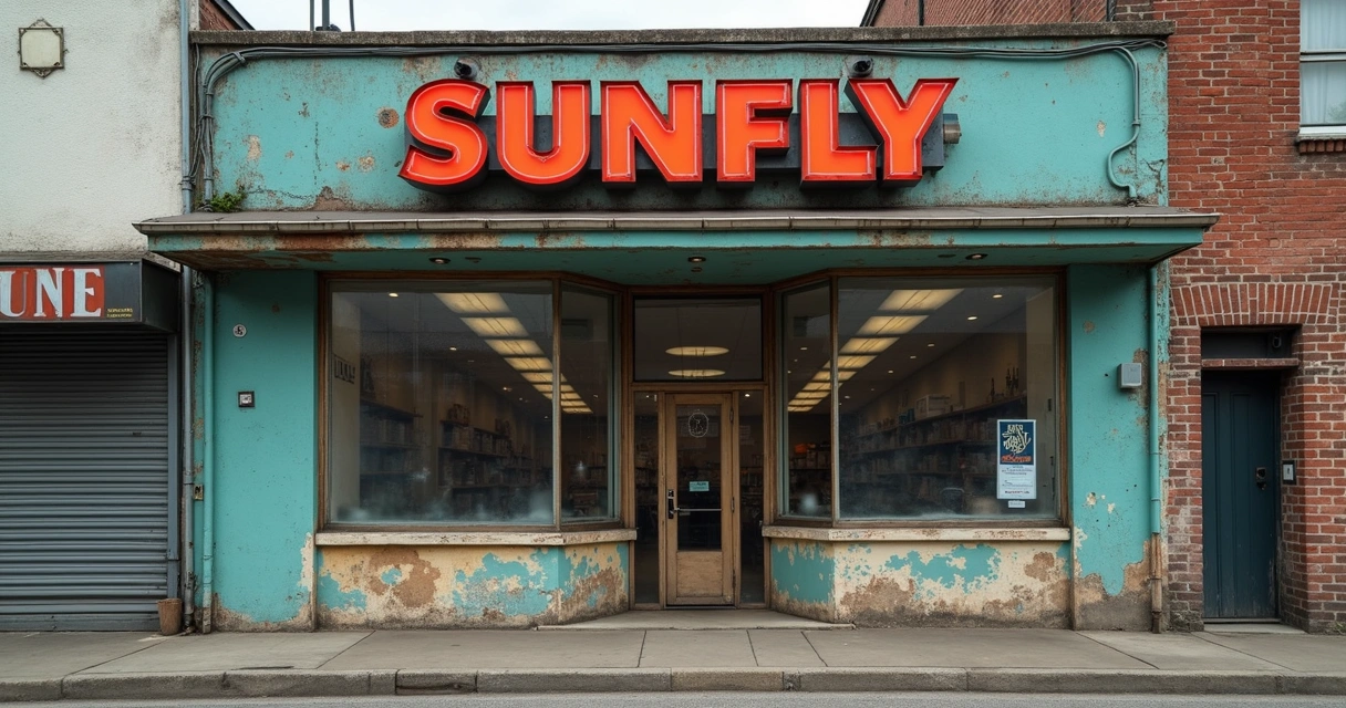 Loja com fachada antiga, cores desbotadas e logotipo ultrapassado