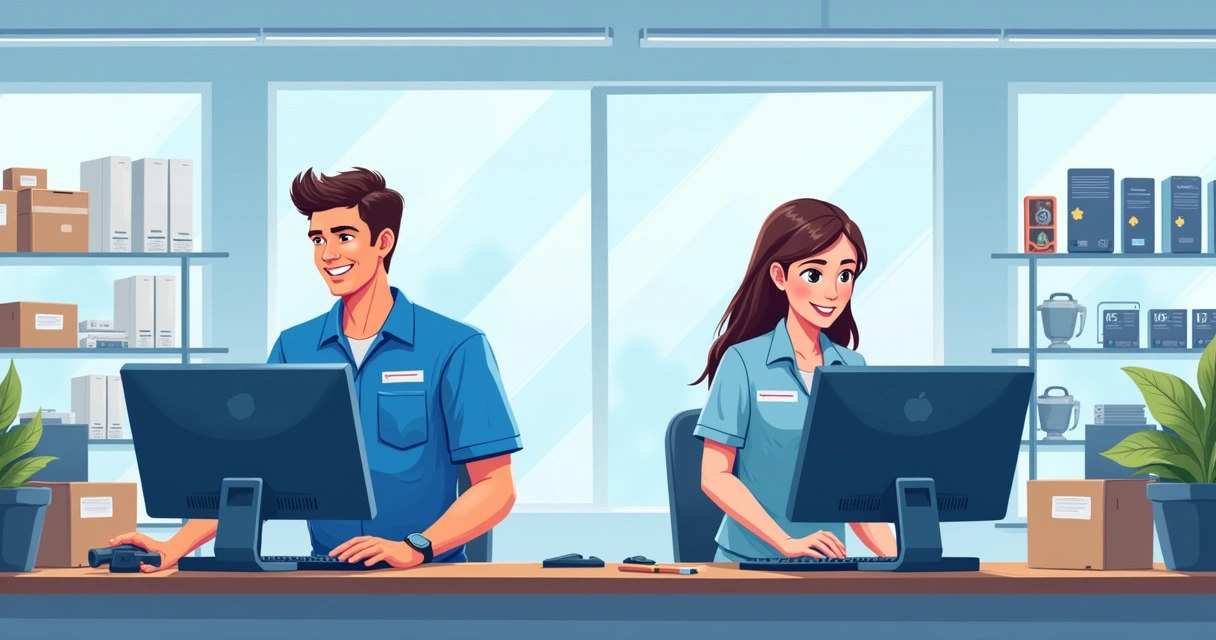 Loja de assistência técnica com balcão, computadores e cliente sendo atendido 