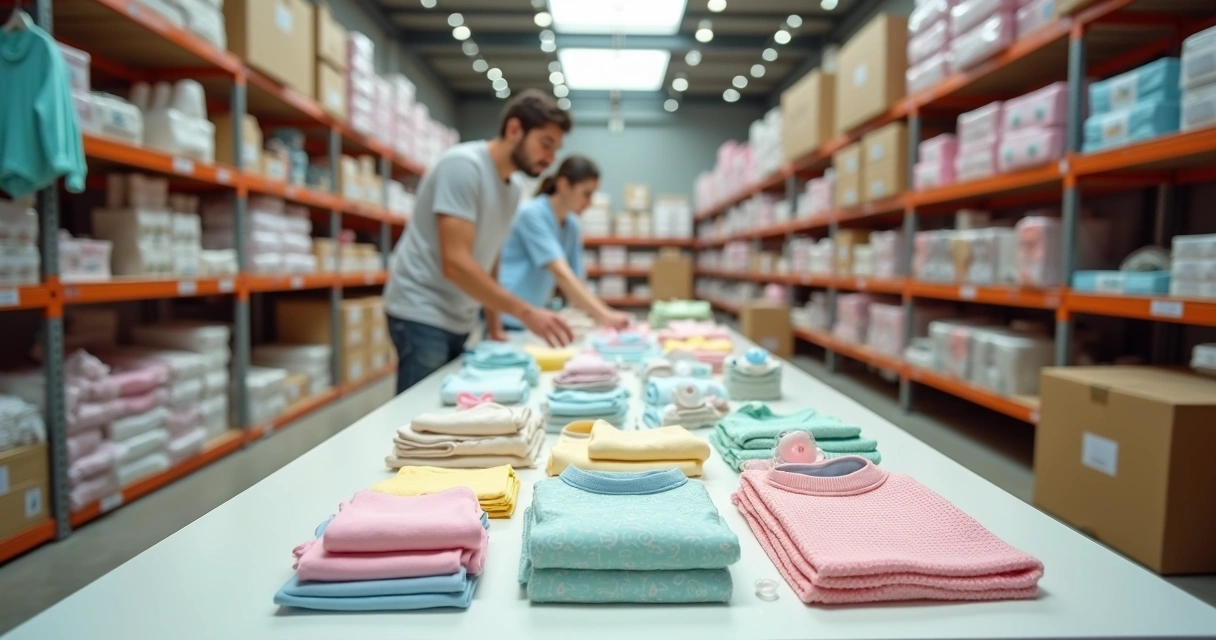 Estoque organizado de loja infantil atacadista com roupas e brinquedos para bebê 