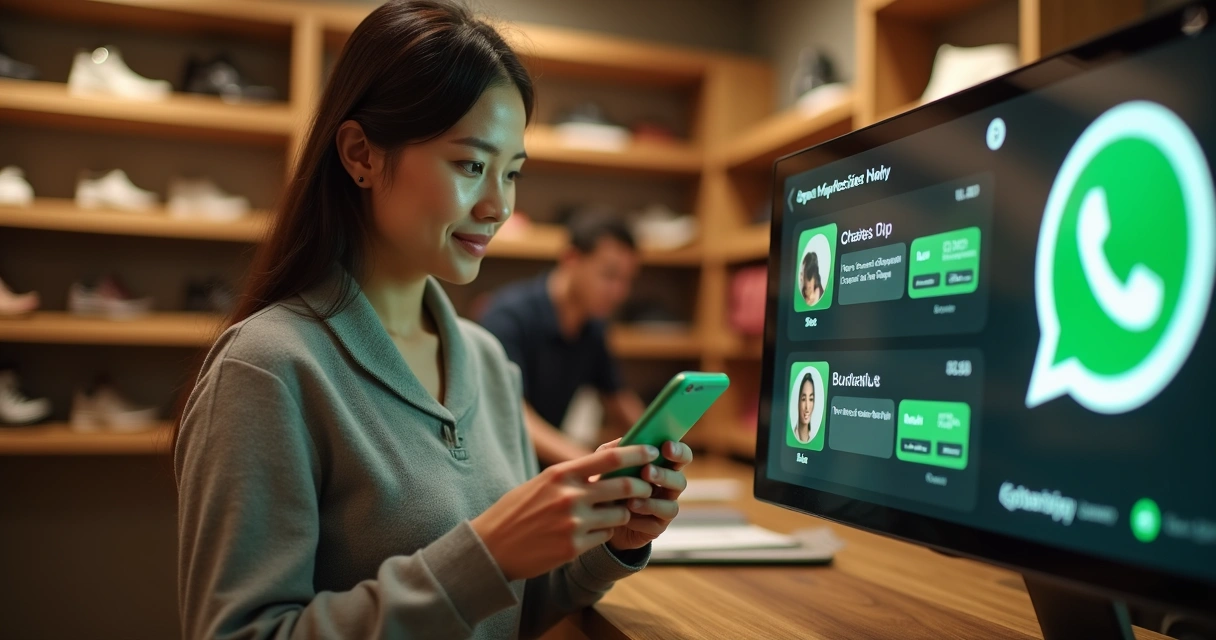 Venda automatizada em loja física pelo WhatsApp, atendente digital ajudando cliente a fazer pedido. 