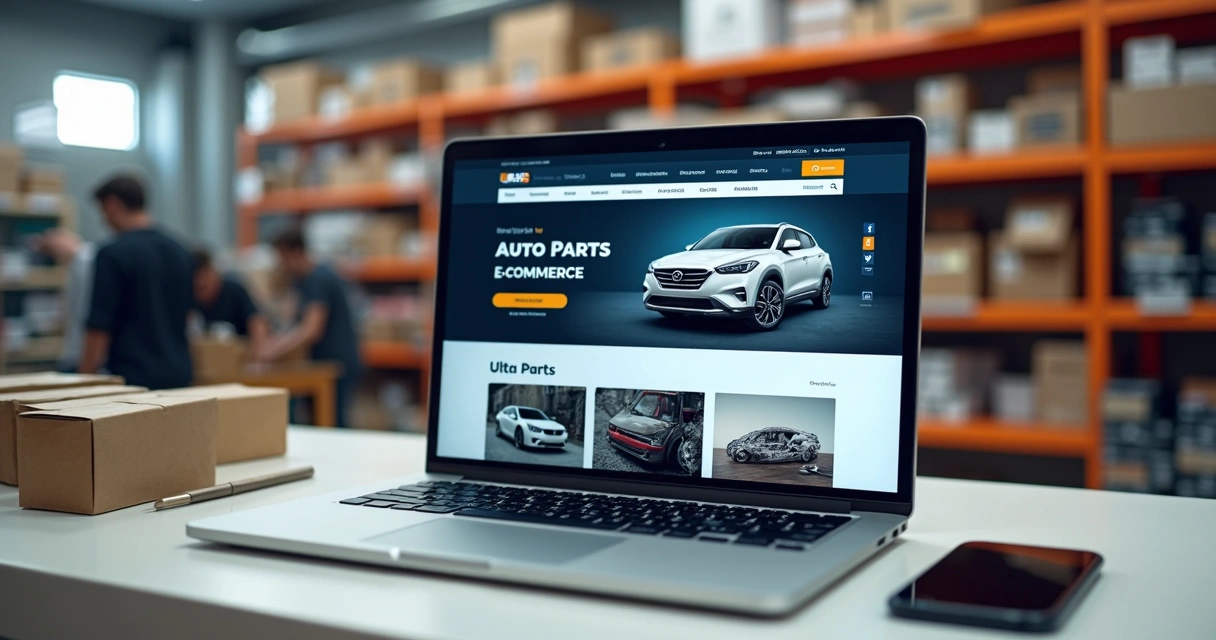 Página inicial de um e-commerce de autopeças exibida em notebook na mesa de atendimento 