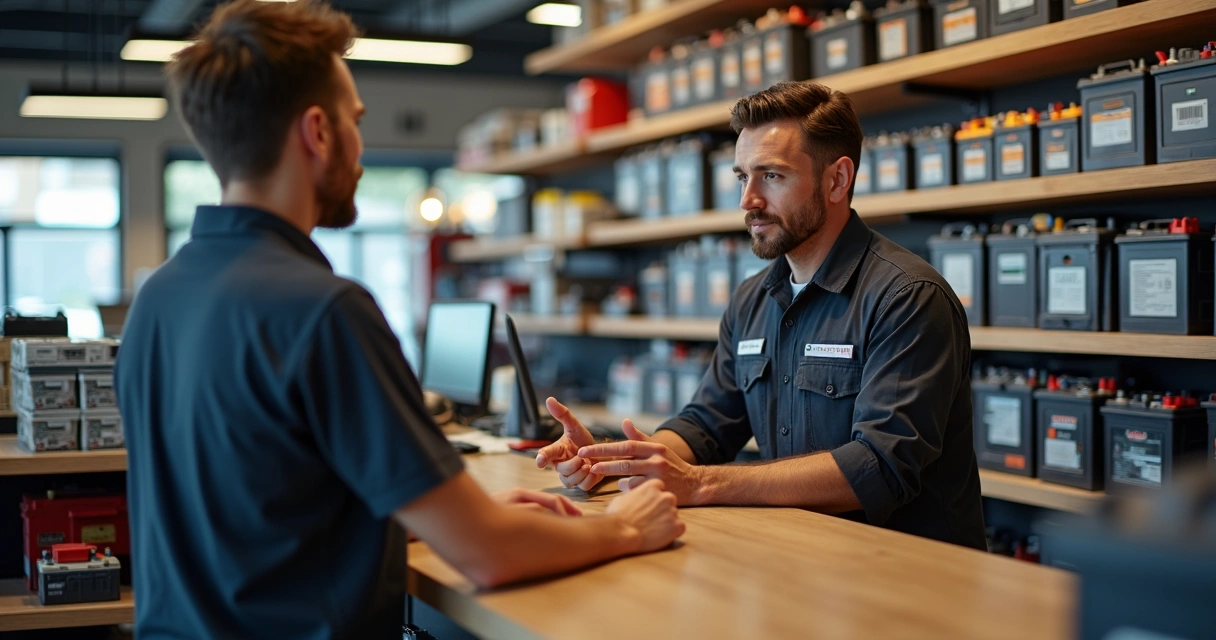 Vendedor orientando cliente sobre baterias automotivas 
