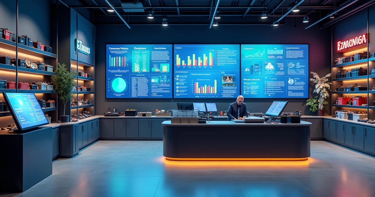 Loja moderna de baterias automotivas com displays digitais mostrando gráficos de vendas e IA 