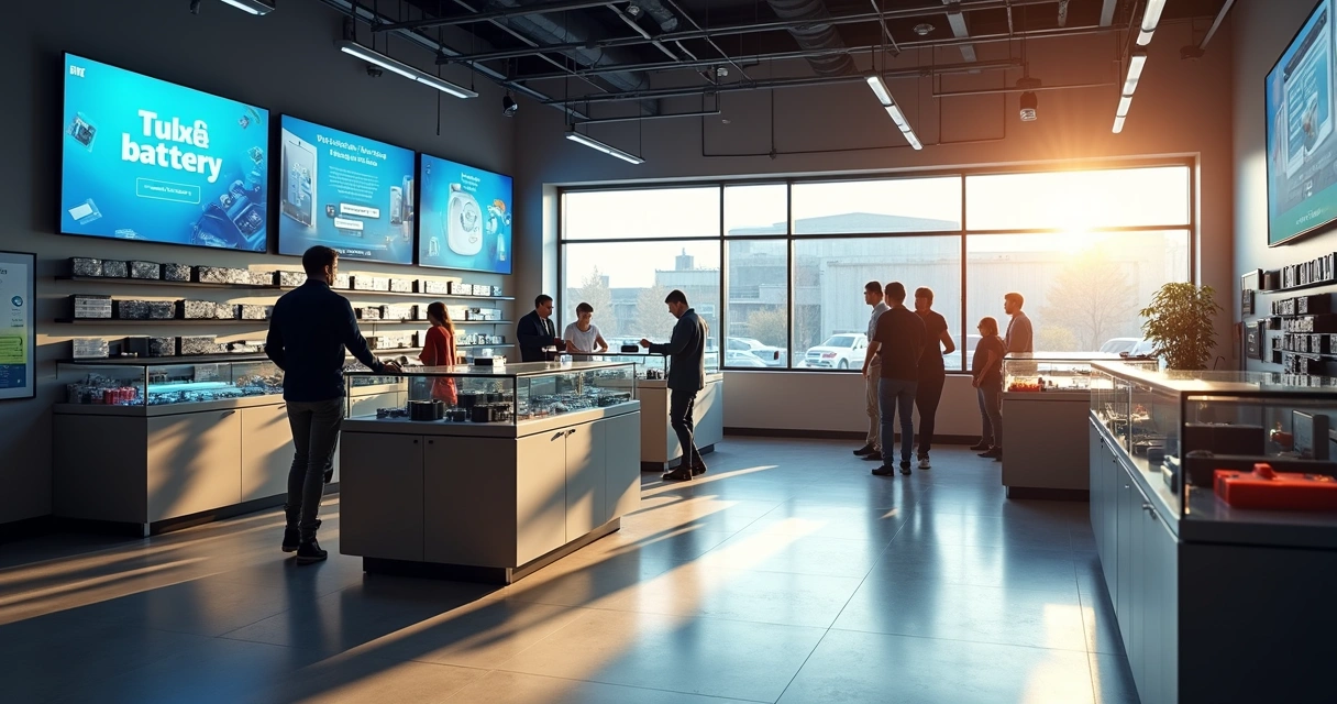 Interior de loja de baterias com destaque para banners digitais 