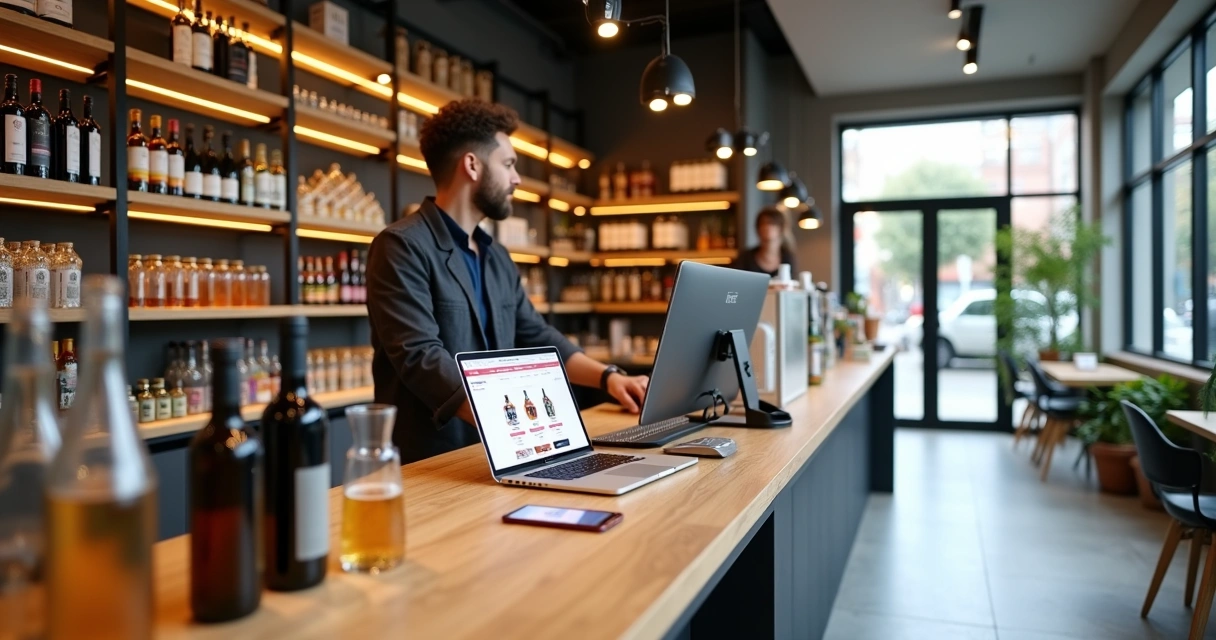 Dono de loja de bebidas em balcão moderno com vitrine e laptop mostrando e-commerce 