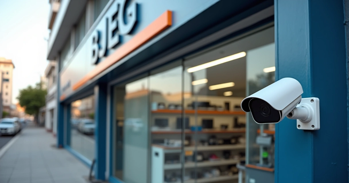 Fachada da loja BJSEG em Itaquaquecetuba com destaque para câmera de segurança na vitrine 