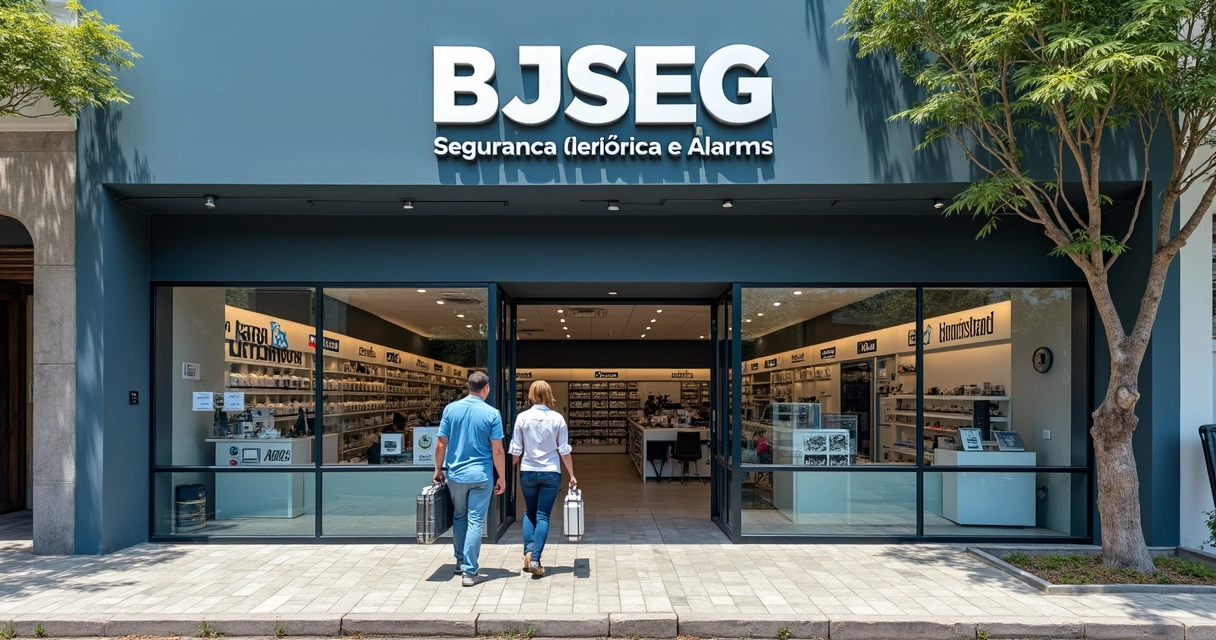 Fachada moderna da loja BJSEG Taubaté com vitrine de produtos de segurança eletrônica 