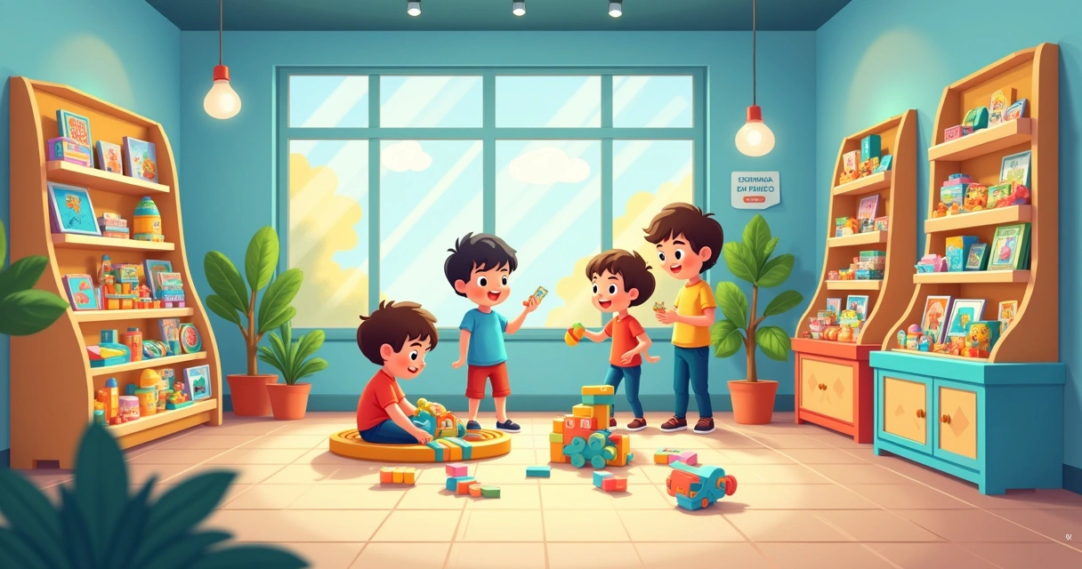Loja de brinquedos com prateleiras organizadas e um bebê brincando com um brinquedo educativo.