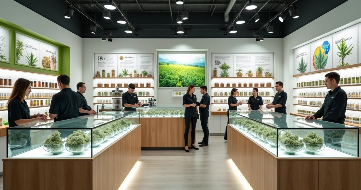 Loja de cannabis regulamentada no Canadá com balcão e produtos expostos 