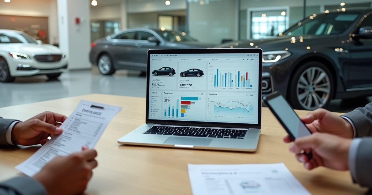 Mesa de equipe de loja de carros com laptop mostrando sistema de gestão. 