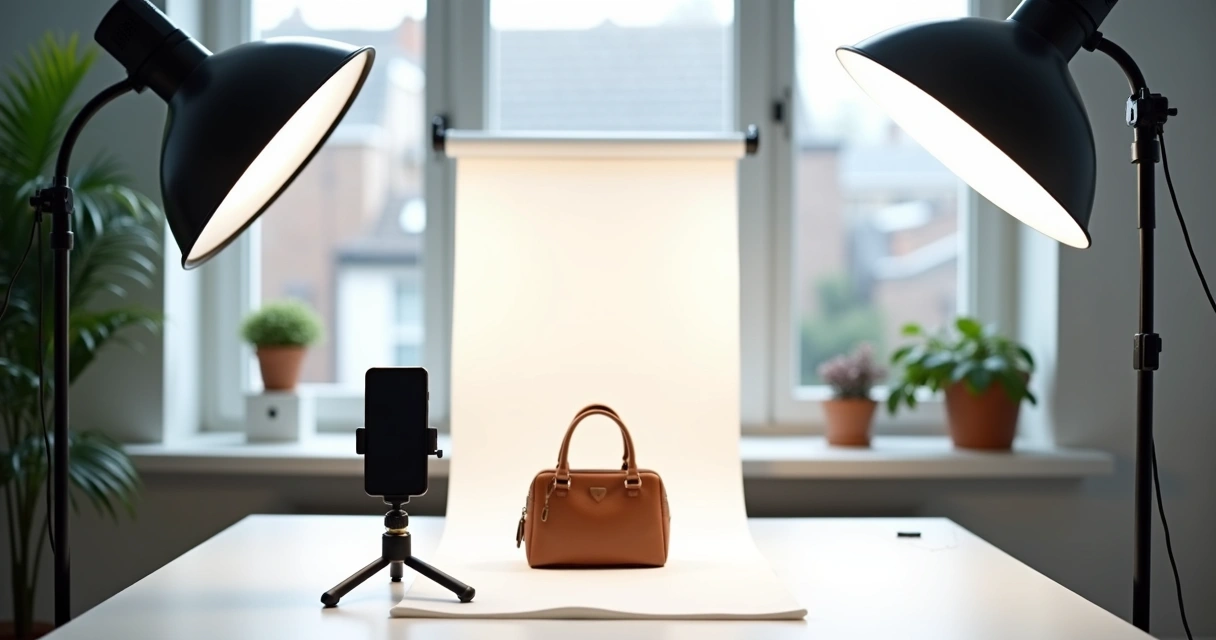 Mesa com iluminação de LED, fundo branco e celular em tripé