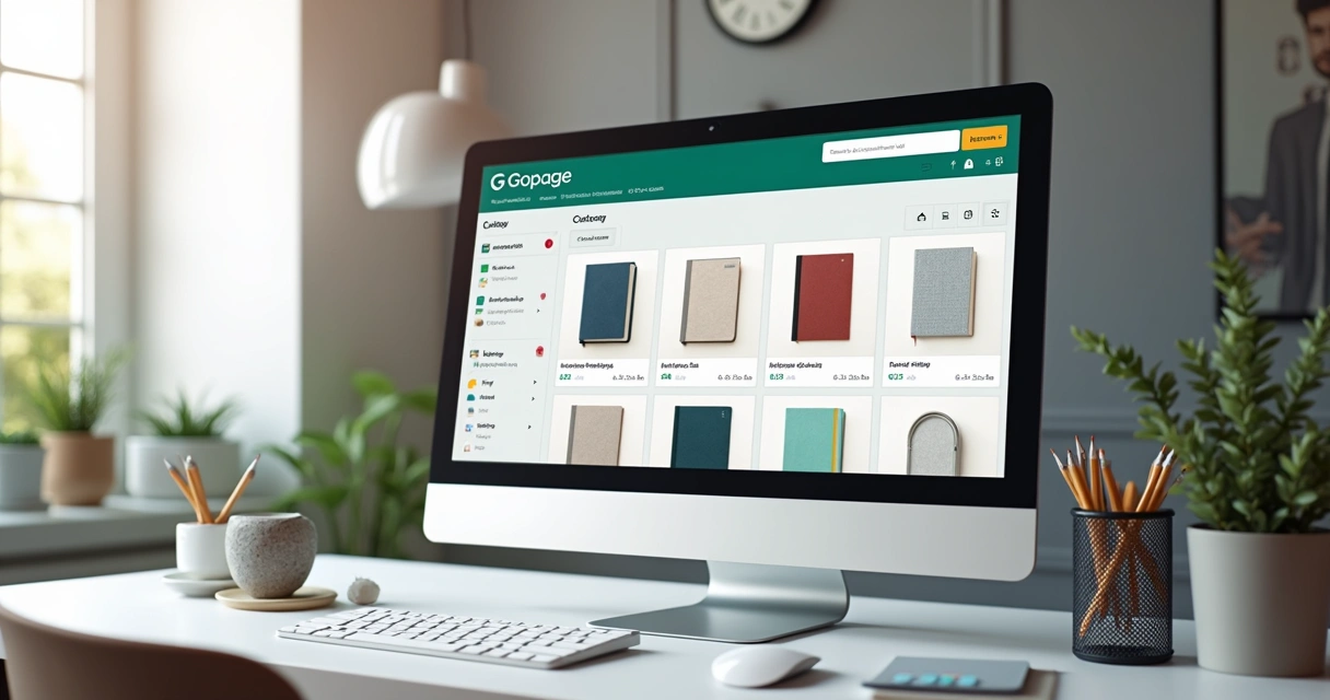 Tela de computador exibindo um catálogo digital de papelaria personalizada na plataforma Gopage 