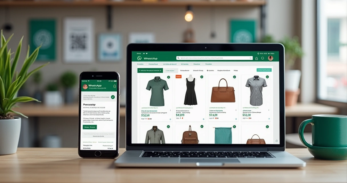 Interface de catálogo digital pronto com IA, mostrando produtos variados e integração com WhatsApp 