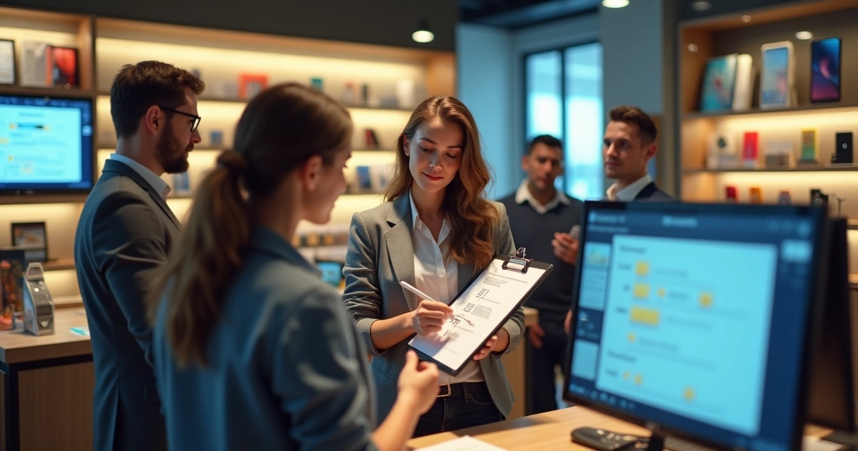 Equipe e gestor analisando lista de fornecedores em loja de celulares 
