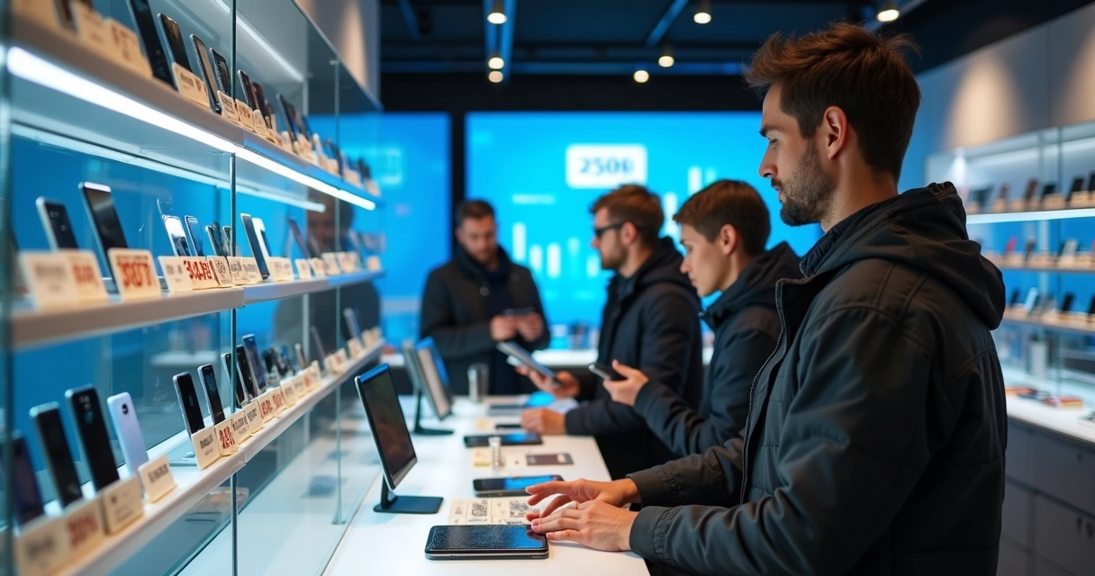 Interior de uma loja de celulares com prateleiras de smartphones exibindo etiquetas de preços atualizadas 
