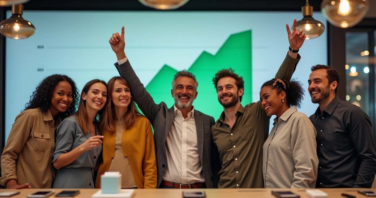 Equipe de loja de celular comemorando resultados com gráfico crescente ao fundo.