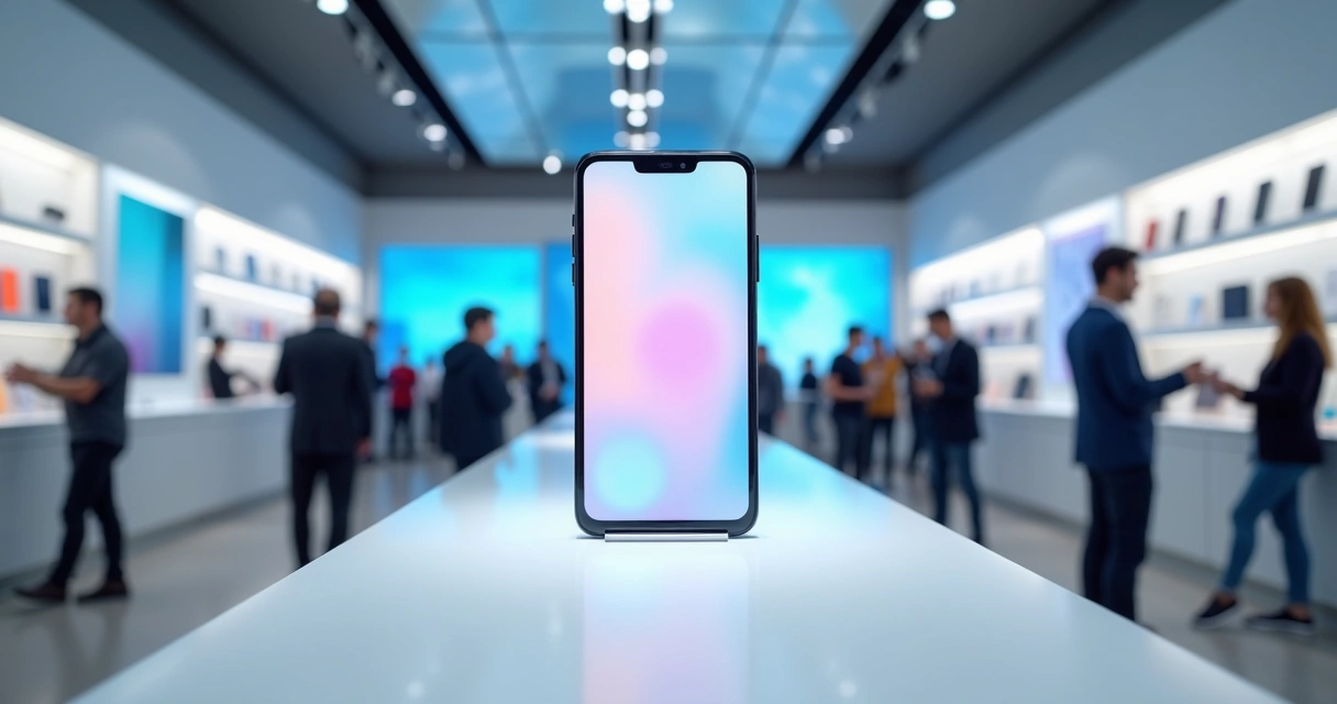 Loja de celulares com vitrine de smartphone premium no lançamento