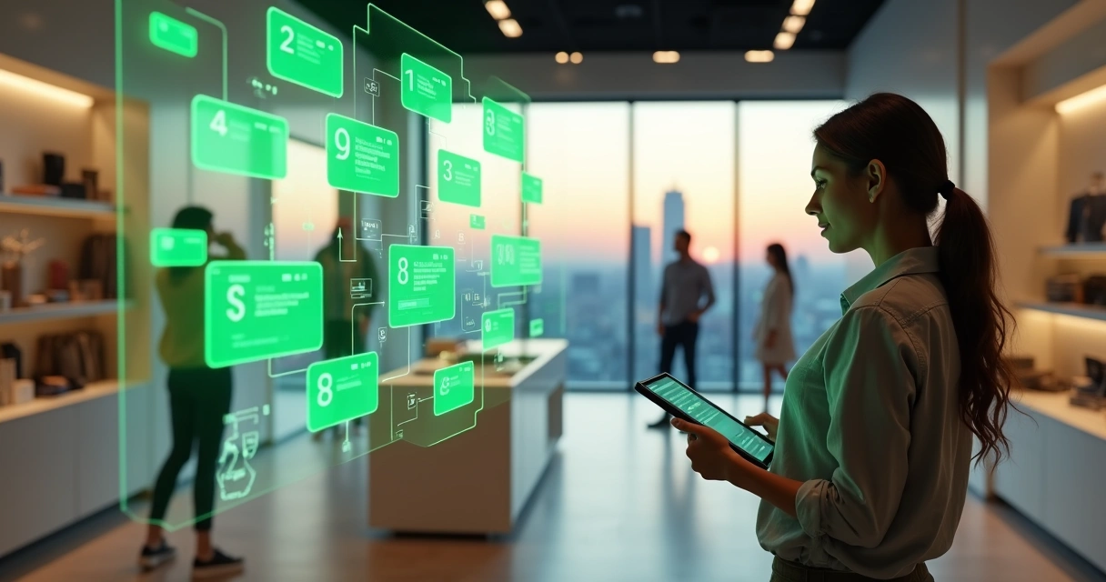 Painel flutuante de chatbot conectado ao WhatsApp ajudando vendedora em loja moderna 