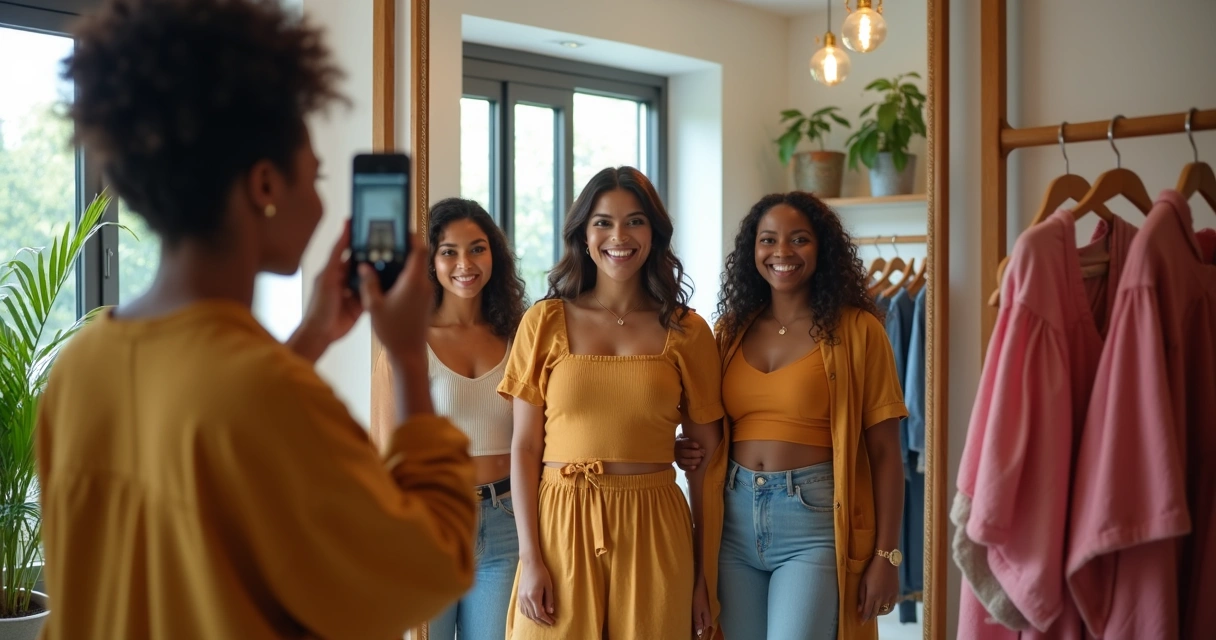 Clientes de loja sendo fotografados vestindo roupas da marca 