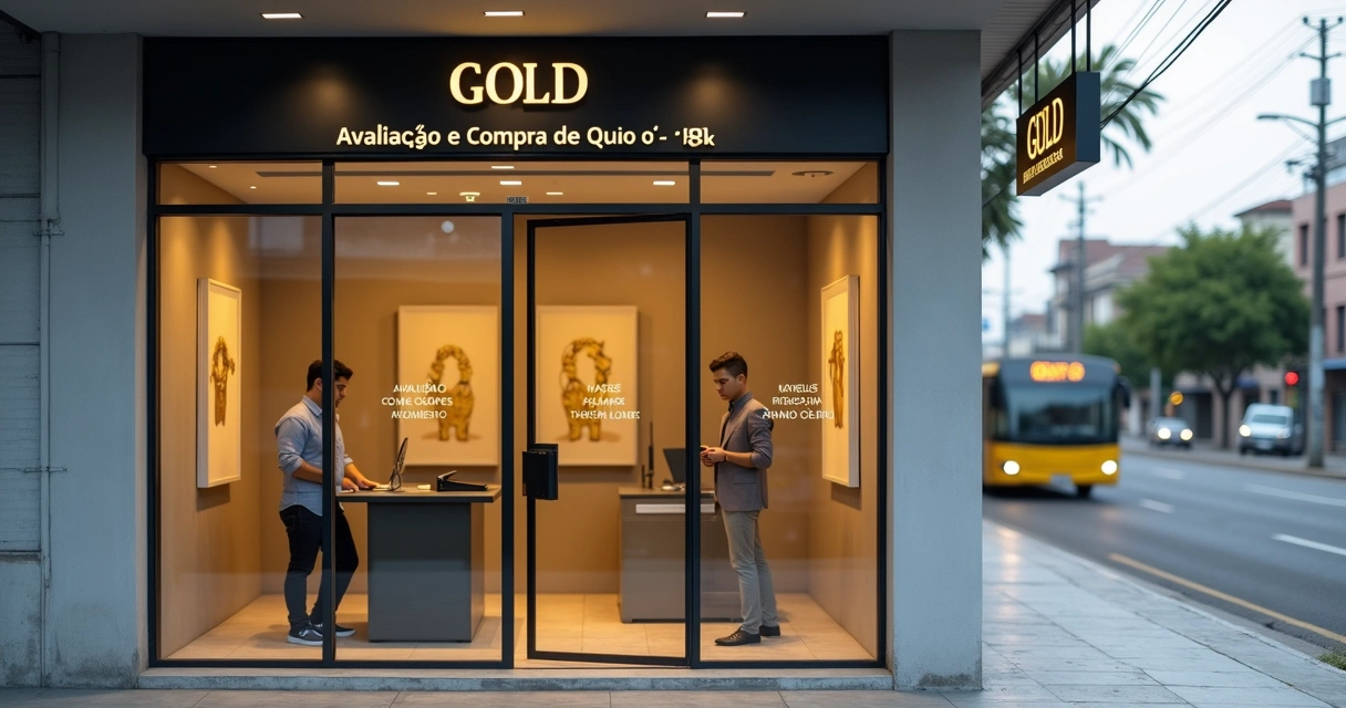  Fachada moderna de loja de compra de ouro em Campo Grande, RJ, com vitrine discreta e placa anunciando avaliação de joias 
