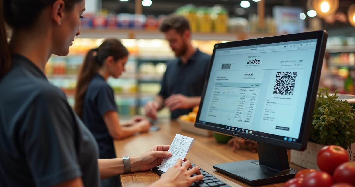 Caixa de supermercado com computador mostrando emissão de nota fiscal eletrônica