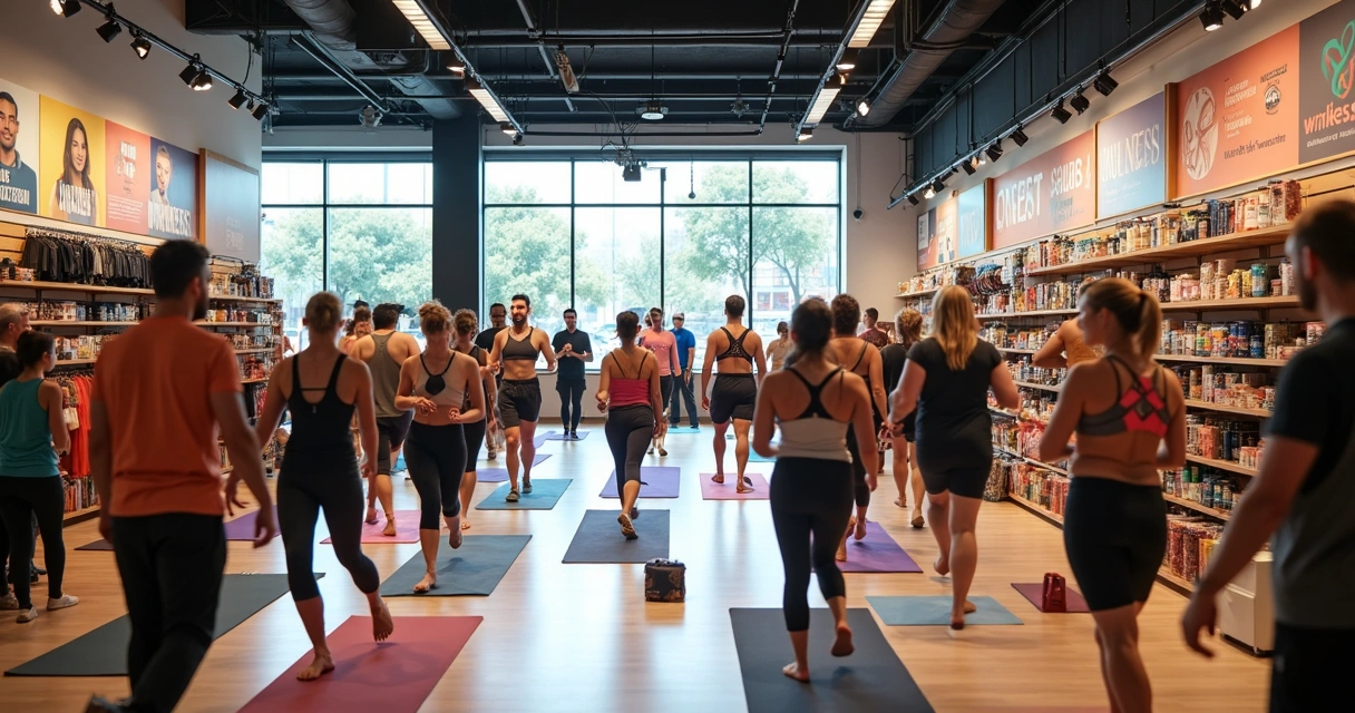 Loja grande com pessoas participando de evento comunitário em espaço moderno 