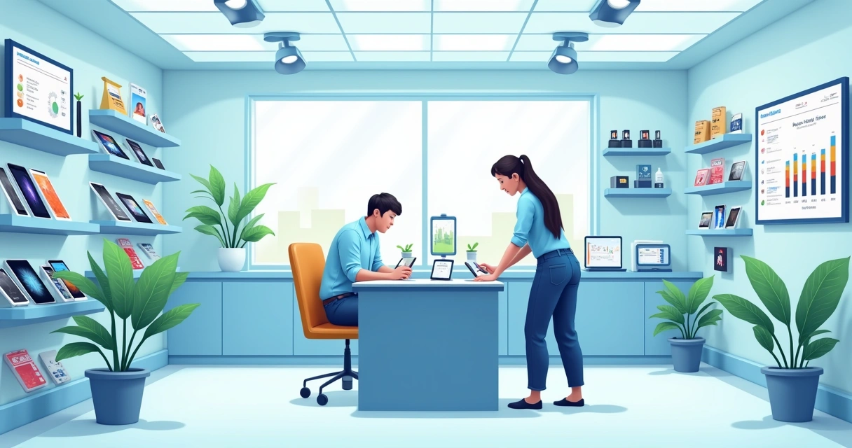 Loja de conserto de celulares organizada, com técnico reparando smartphone e prateleiras com peças.