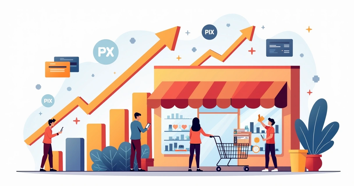 Ilustração colorida mostrando uma loja crescendo com múltiplos pagamentos digitais, gráficos e recebíveis. 