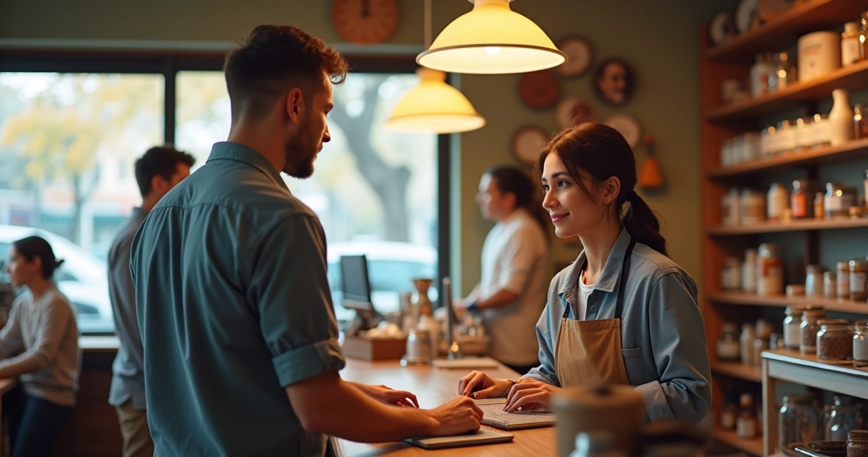 Caixa de loja registrando vendas e olhando para computador