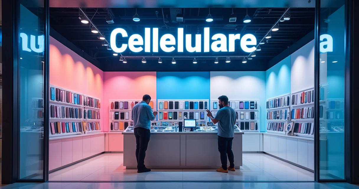 Loja de celulares moderna com fachada de vidro refletindo cores vibrantes e letreiro criativo.