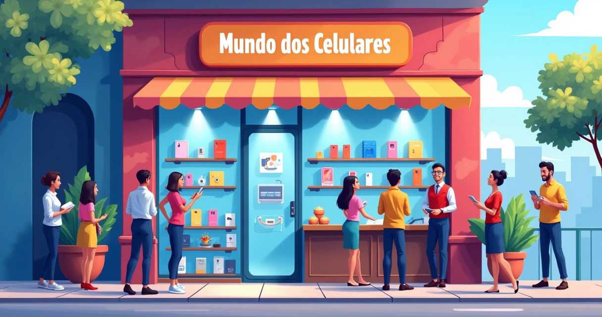 Loja de celulares com a placa Mundo dos Celulares e clientes felizes olhando os aparelhos.