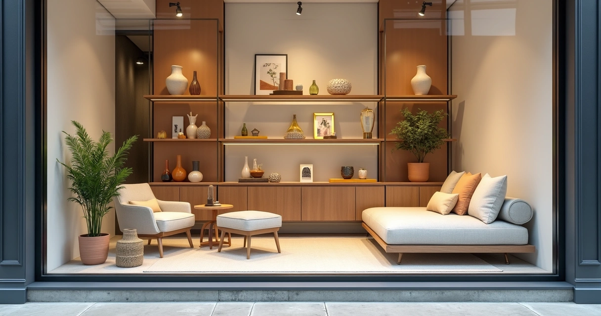 Vitrine de loja de objetos de decoração bem iluminada 