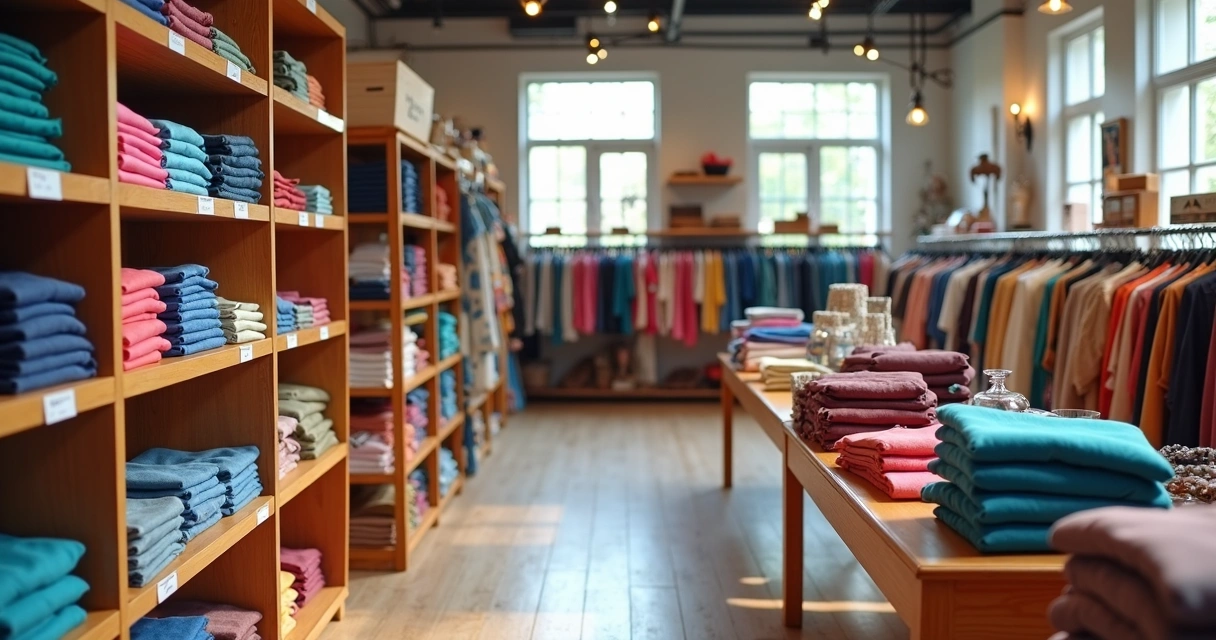 Loja de roupas organizada com prateleiras e mesas