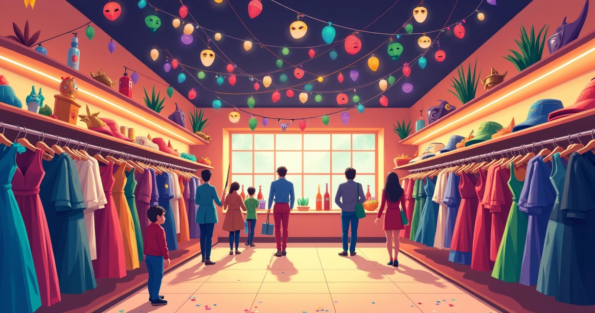 Loja decorada para o carnaval com fantasias e máscaras coloridas