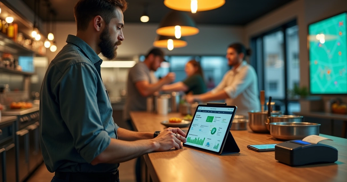 Gestor analisando pedidos de delivery em tablet com cozinha ao fundo 