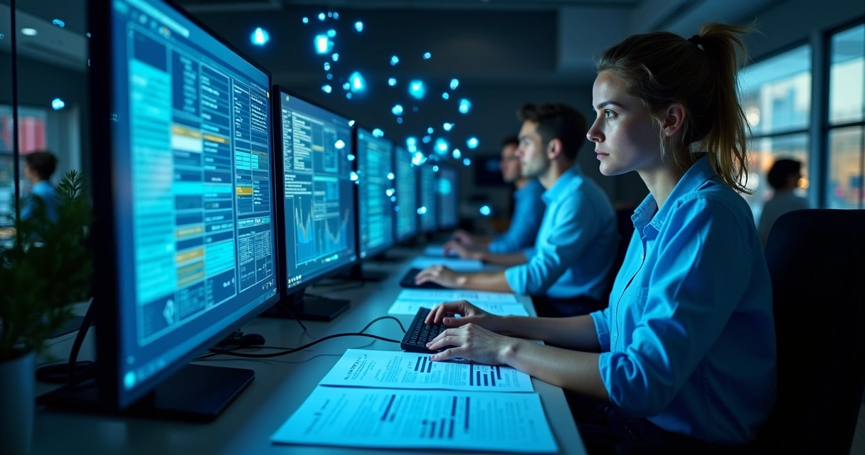 Equipe de loja analisando registros e sistemas antifraude em computadores. 