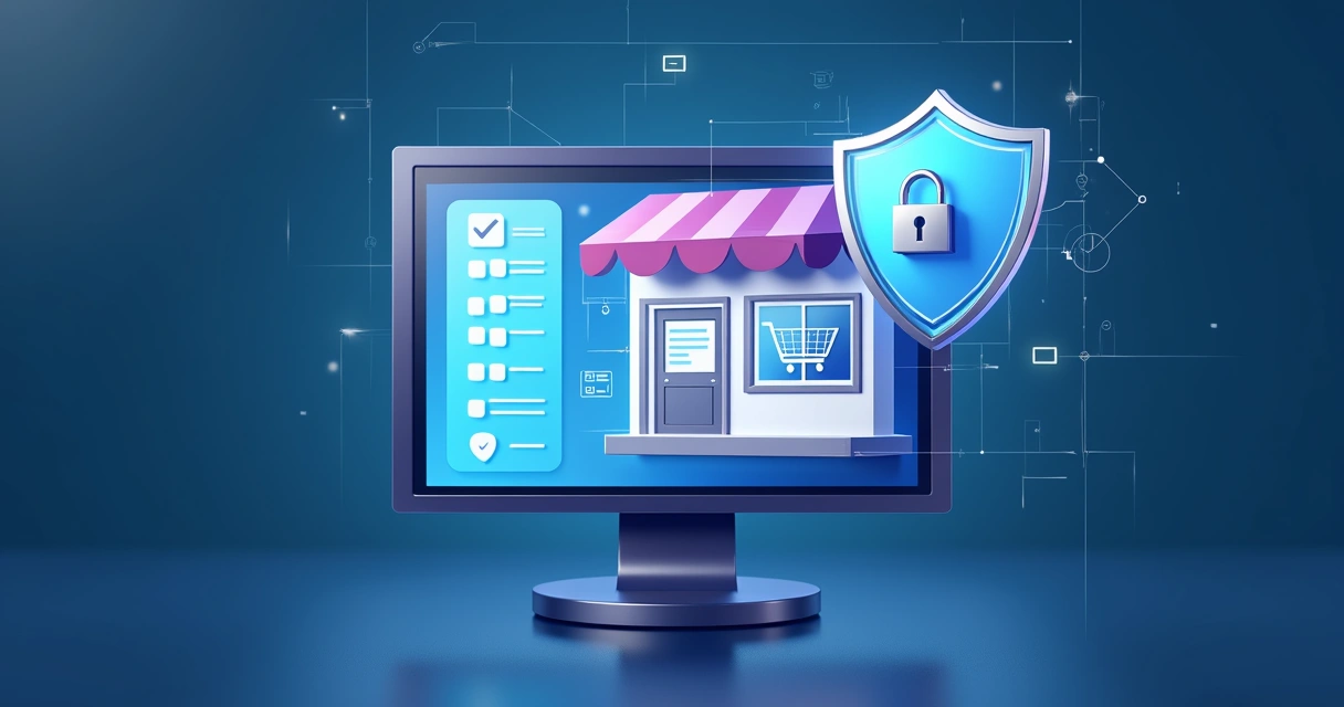Loja online representada por tela de computador com cadeado e escudo digital 