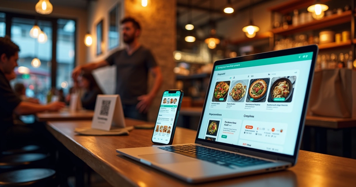 Dono de restaurante usando painel de loja digital de delivery no notebook 