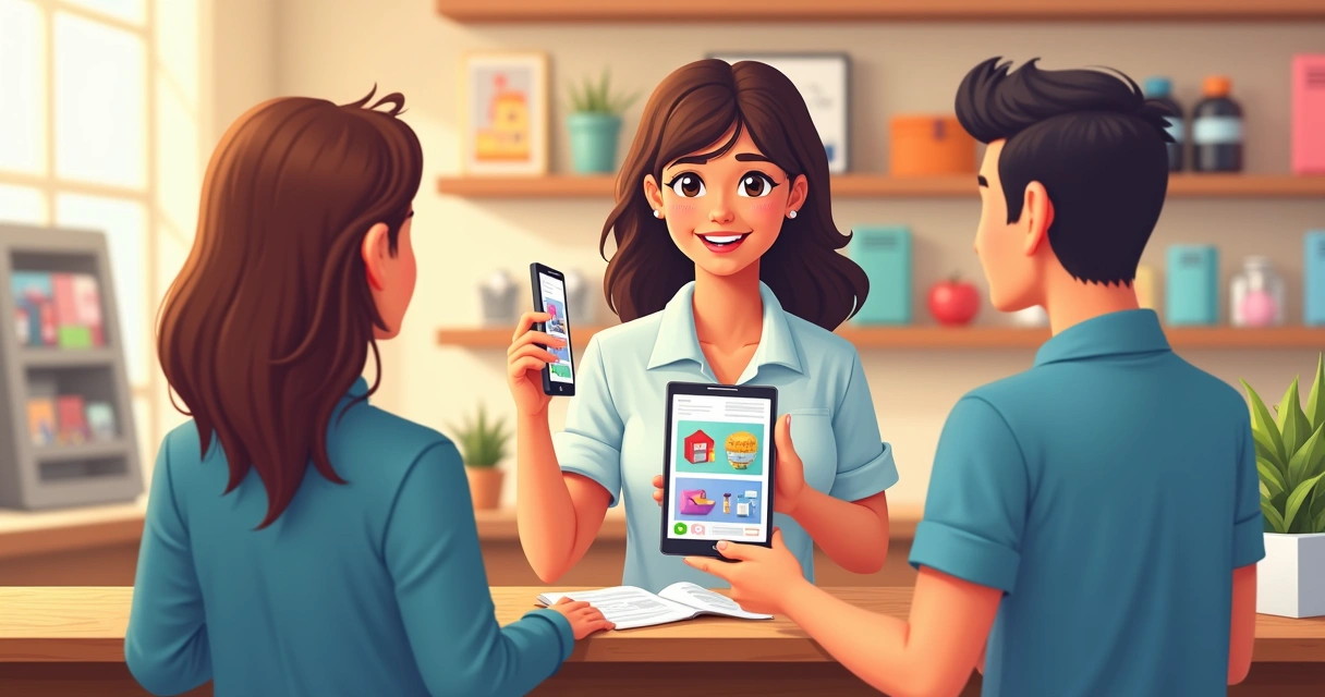 Pessoa usando celular para mostrar catálogo digital a clientes em loja 