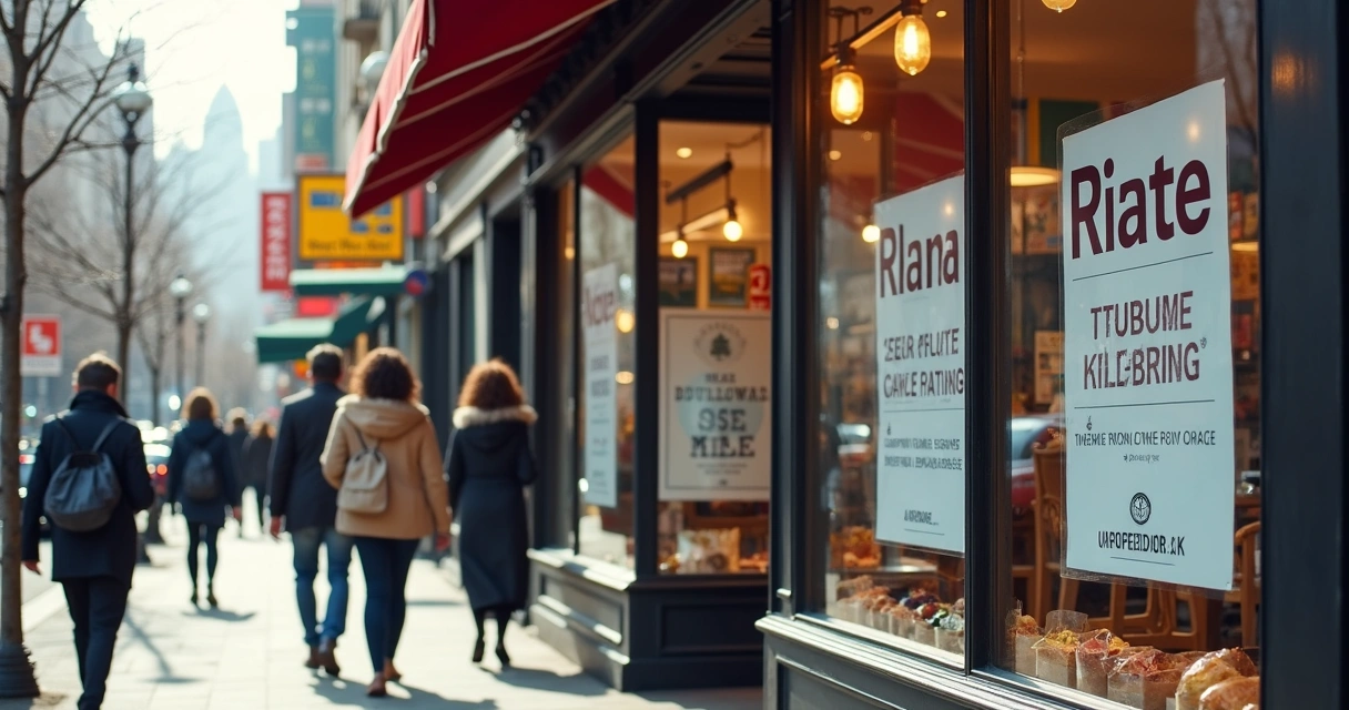Fachada de loja em rua movimentada com placas de aluguel 
