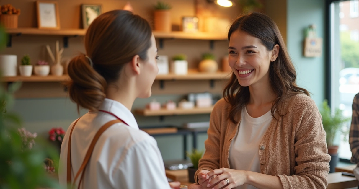 Ambiente de loja com cliente sorrindo após receber atendimento personalizado 