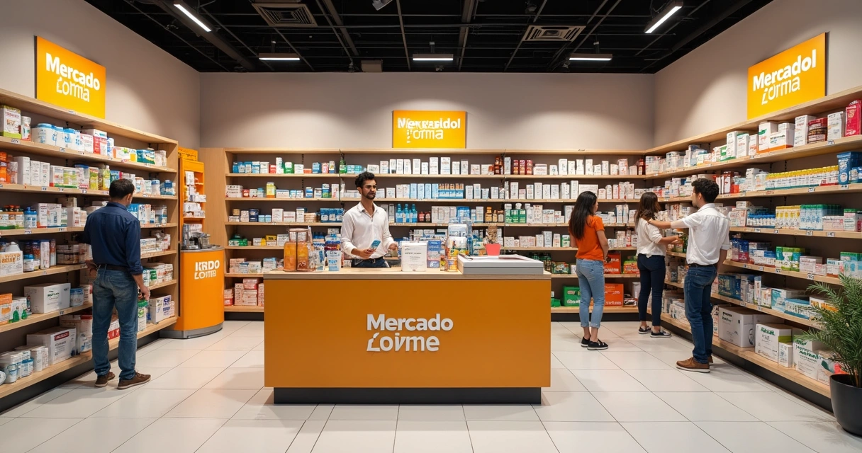 Ambiente moderno de farmácia Mercado Livre Farma com entrega expressa 